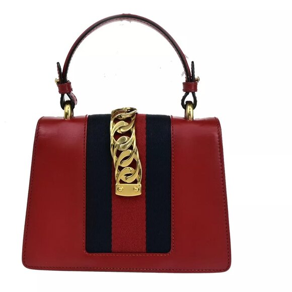 GUCCI Logo Mini Sylvie Sherry 2Way Shoulder Hand Bag Leather Red GHW 53RK113 - Picture 9 of 16